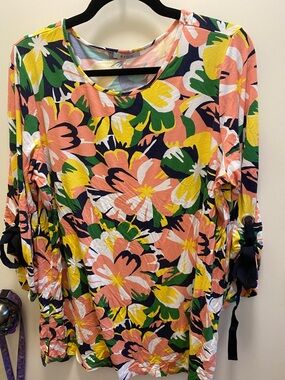 Avon Peach Multi Floral Tie-Sleeve Long Sleeve Top